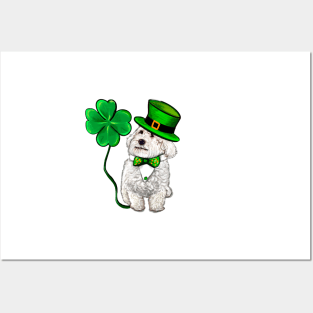 Funny Cavapoo puppy dog in hat and tie fancy dress with Clover Shamrocks - green 4 leaf clovers shamrock. Shenanigans The best Irish gift ideas 2024 Posters and Art